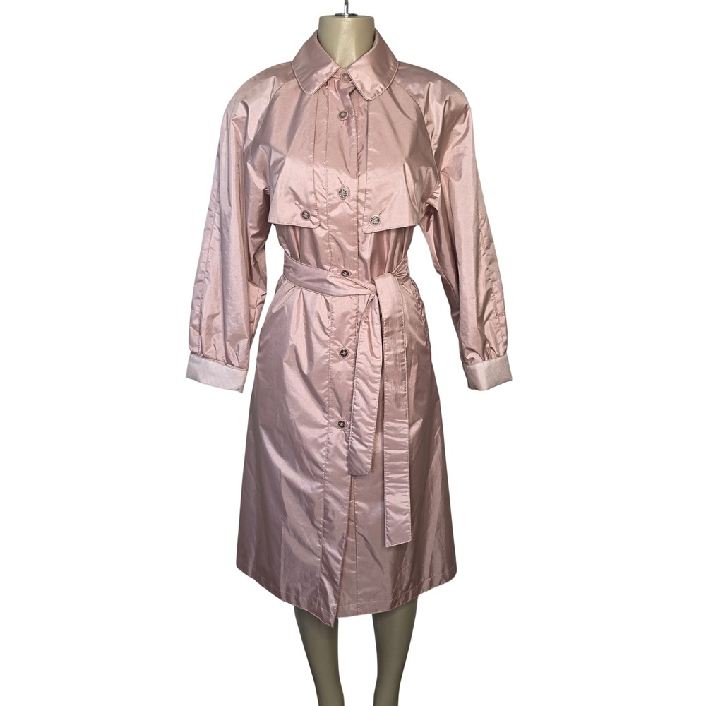 Fleet Street Trench Coat Womens 8P Pink Metallic Belted Rain Jacket Long Petite